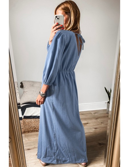 Robe Maxi Myosotis Chambray à Encolure en V Profonde – Élégance