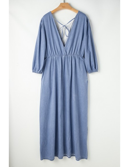 Myosotis Chambray Maxi-jurk met diepe V-hals – Elegantie