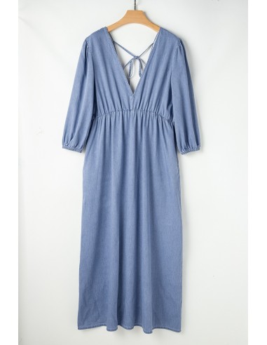 Robe Maxi Myosotis Chambray à Encolure en V Profonde – Élégance