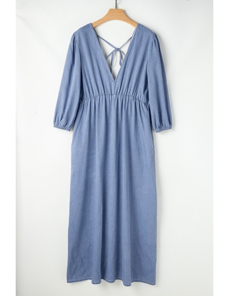Myosotis Chambray Maxi-jurk met diepe V-hals – Elegantie