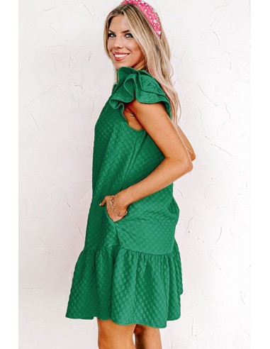 Robe Droite Texturée à Volants et Manches Papillon – Vert