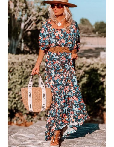 Langes Maxi-Kleid Boho – Himmelblau mit Blumenmuster | Limitierte Auflage