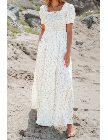 Weißes Blumiges Maxikleid - Gerafftes Oberteil & Puffärmel