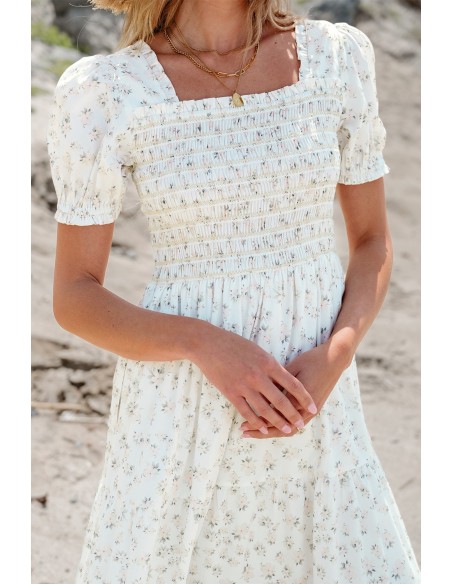 Robe Longue Fleurie Blanche - Buste Froncé & Manches Bouffantes