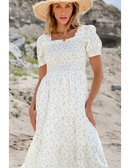 Weißes Blumiges Maxikleid - Gerafftes Oberteil & Puffärmel