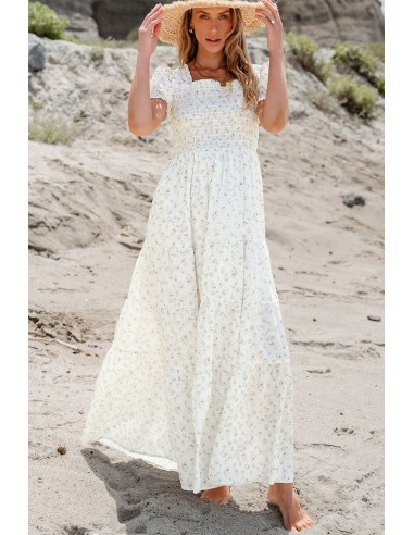 White Floral Maxi Dress - Shirred Bodice & Puff Sleeves