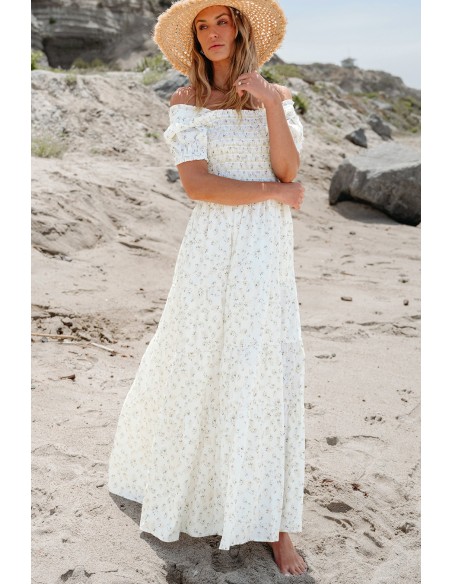 Robe Longue Fleurie Blanche - Buste Froncé & Manches Bouffantes