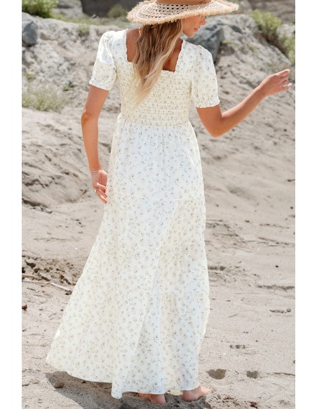 Witte Bloemen Maxi Jurk - Gesmokt Lijfje & Pofmouwen