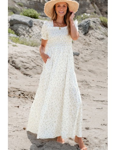 Robe Longue Fleurie Blanche - Buste Froncé & Manches Bouffantes