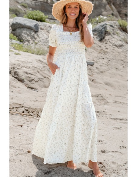 Witte Bloemen Maxi Jurk - Gesmokt Lijfje & Pofmouwen