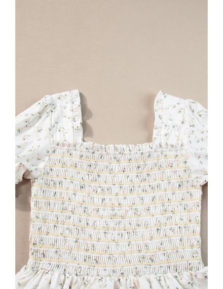 Robe Longue Fleurie Blanche - Buste Froncé & Manches Bouffantes