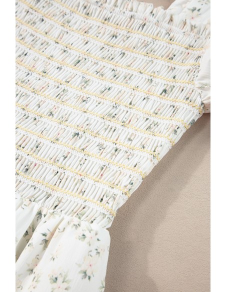 Witte Bloemen Maxi Jurk - Gesmokt Lijfje & Pofmouwen