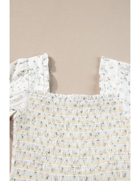 Weißes Blumiges Maxikleid - Gerafftes Oberteil & Puffärmel