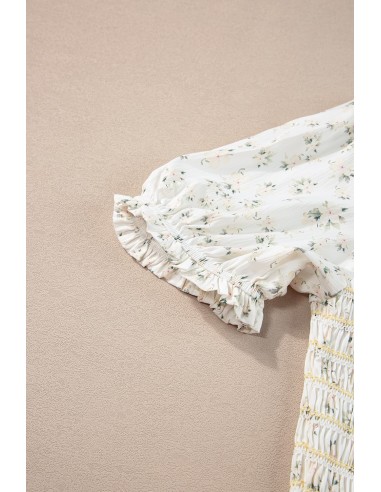 Witte Bloemen Maxi Jurk - Gesmokt Lijfje & Pofmouwen