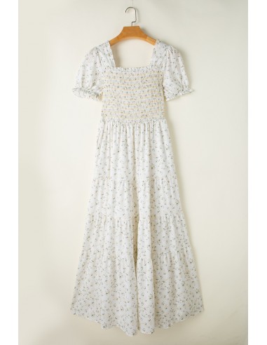 Weißes Blumiges Maxikleid - Gerafftes Oberteil & Puffärmel