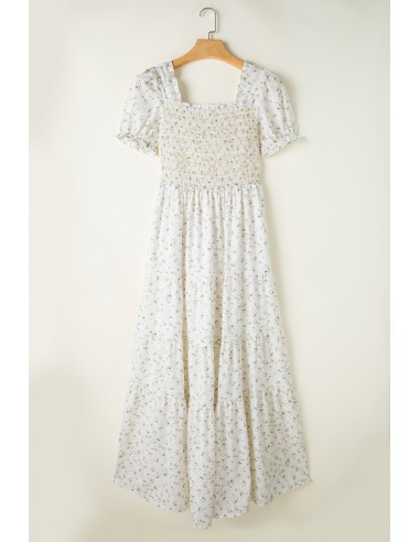 Robe Longue Fleurie Blanche - Buste Froncé & Manches Bouffantes