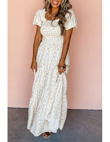 Robe Longue Fleurie Blanche - Buste Froncé & Manches Bouffantes