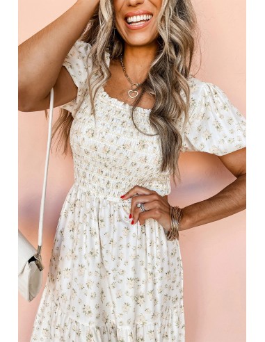 White Floral Maxi Dress - Shirred Bodice & Puff Sleeves
