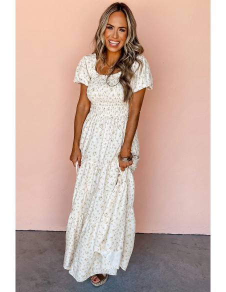 White Floral Maxi Dress - Shirred Bodice & Puff Sleeves