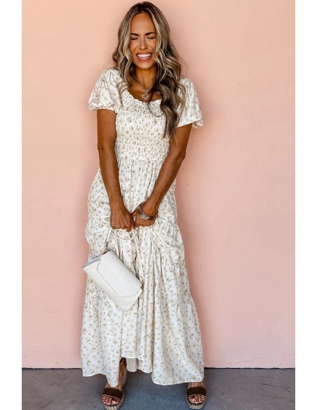 Witte Bloemen Maxi Jurk - Gesmokt Lijfje & Pofmouwen