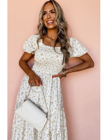 Weißes Blumiges Maxikleid - Gerafftes Oberteil & Puffärmel