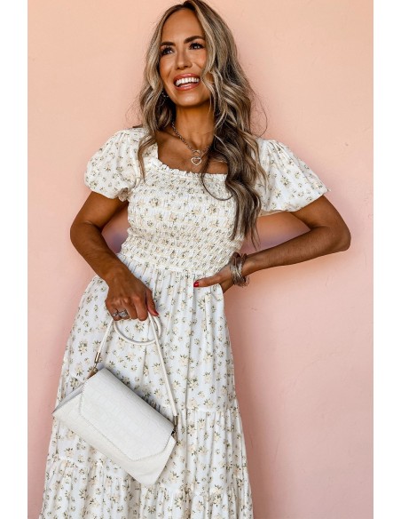 White Floral Maxi Dress - Shirred Bodice & Puff Sleeves