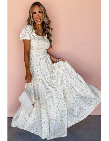 Robe Longue Fleurie Blanche - Buste Froncé & Manches Bouffantes