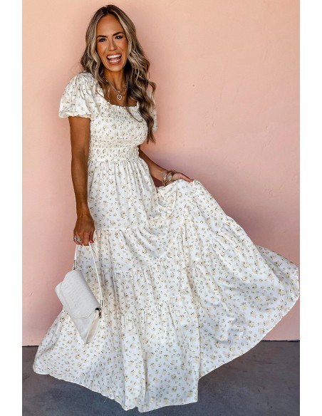 Robe Longue Fleurie Blanche - Buste Froncé & Manches Bouffantes