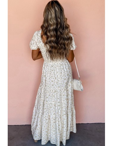 Witte Bloemen Maxi Jurk - Gesmokt Lijfje & Pofmouwen