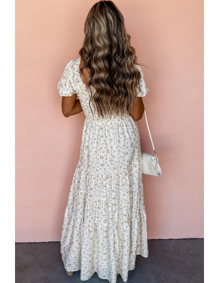 White Floral Maxi Dress - Shirred Bodice & Puff Sleeves