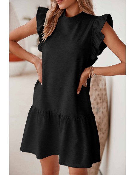 Robe Noire à Manches Volantes et Col Rond – Élégante et Confortable
