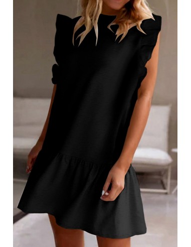 Robe Noire à Manches Volantes et Col Rond – Élégante et Confortable