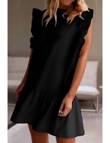 Robe Noire à Manches Volantes et Col Rond – Élégante et Confortable