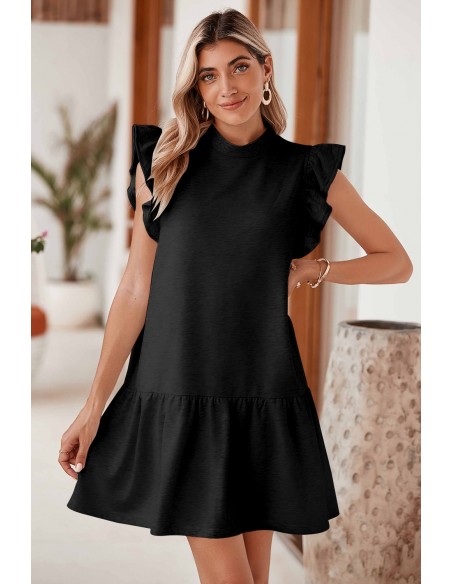 Robe Noire à Manches Volantes et Col Rond – Élégante et Confortable