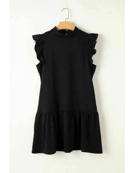 Robe Noire à Manches Volantes et Col Rond – Élégante et Confortable