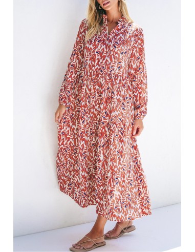 Robe Imprimée Abstraite à Col V et Taille Haute Plissée - Élégante