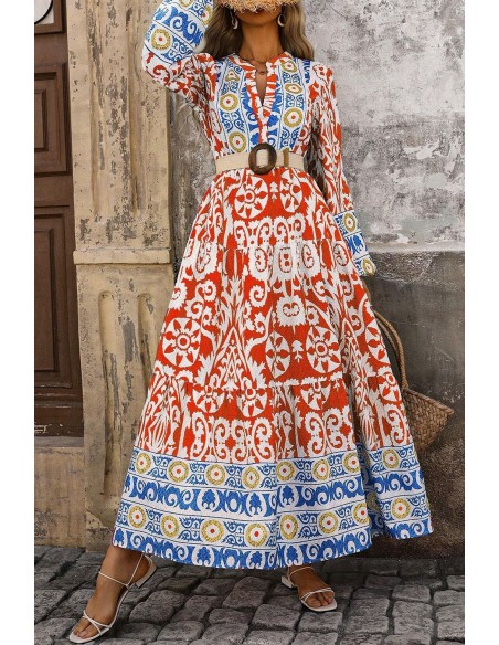 Boho Geometric Printed Long Sleeve Maxi Dress – Orange