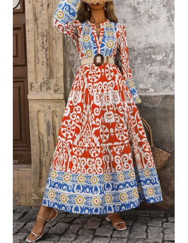 Boho Geometric Printed Long Sleeve Maxi Dress – Orange
