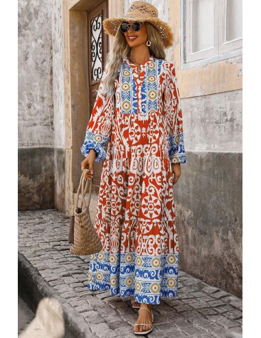 Boho Geometric Printed Long Sleeve Maxi Dress – Orange