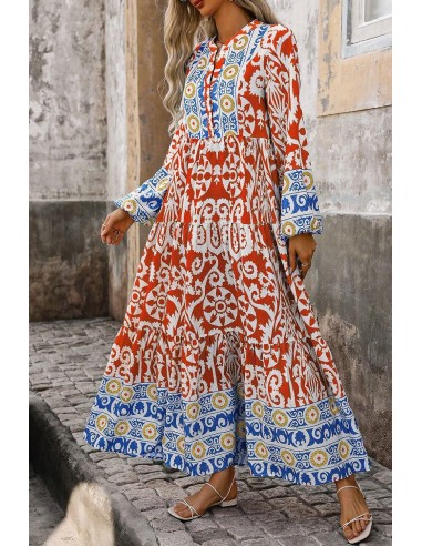 Boho Geometric Printed Long Sleeve Maxi Dress – Orange