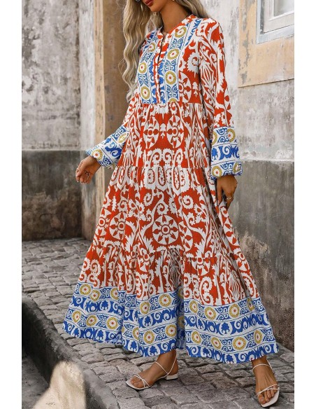 Boho Geometric Printed Long Sleeve Maxi Dress – Orange