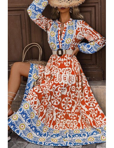 Boho Geometrisches Bedrucktes Langarm-Maxikleid – Orange