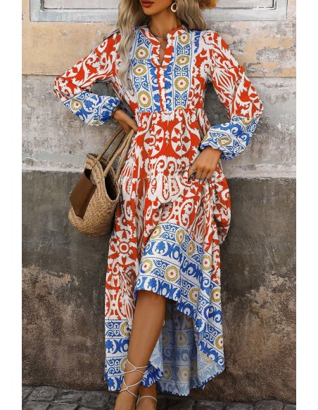 Boho Geometric Printed Long Sleeve Maxi Dress – Orange