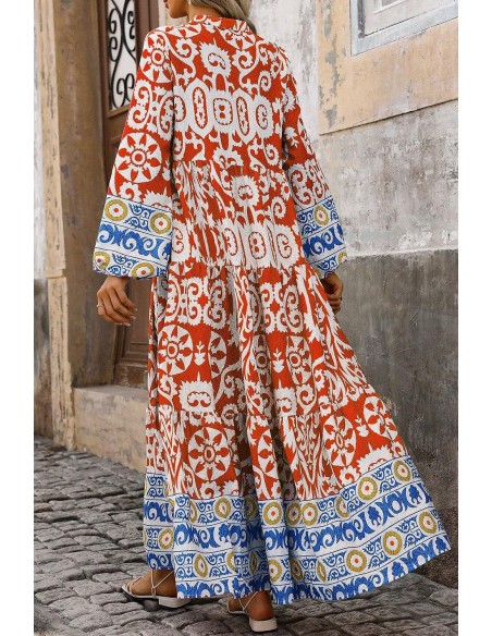 Boho Geometrisch Gedrukte Lange Mouwen Maxi Jurk – Oranje