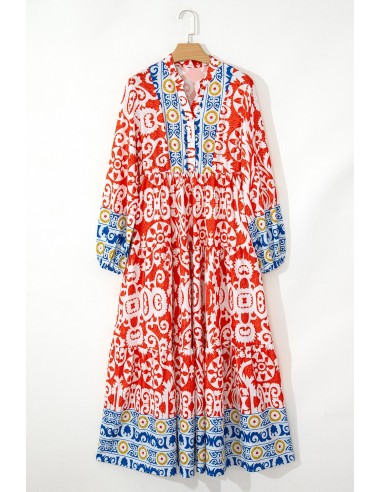 Boho Geometrisches Bedrucktes Langarm-Maxikleid – Orange