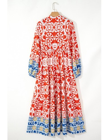 Boho Geometric Printed Long Sleeve Maxi Dress – Orange