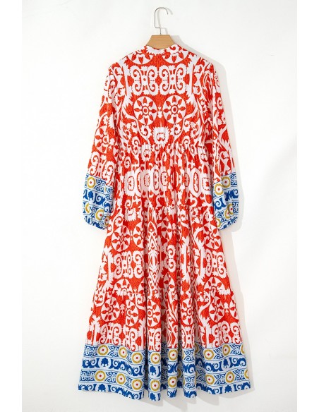Boho Geometric Printed Long Sleeve Maxi Dress – Orange