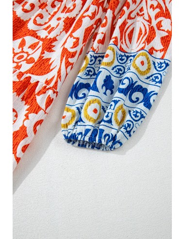 Boho Geometrisch Gedrukte Lange Mouwen Maxi Jurk – Oranje