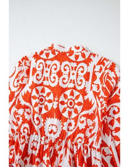 Boho Geometric Printed Long Sleeve Maxi Dress – Orange