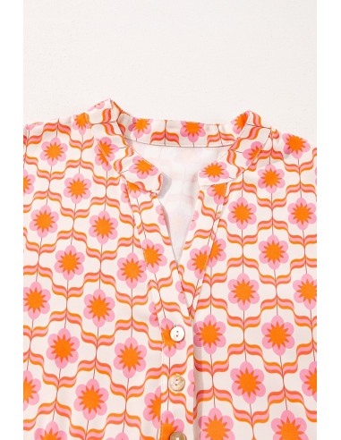 Mini Jurk met Bloemenprint, Vlindermouwen en Knopen - Oranje